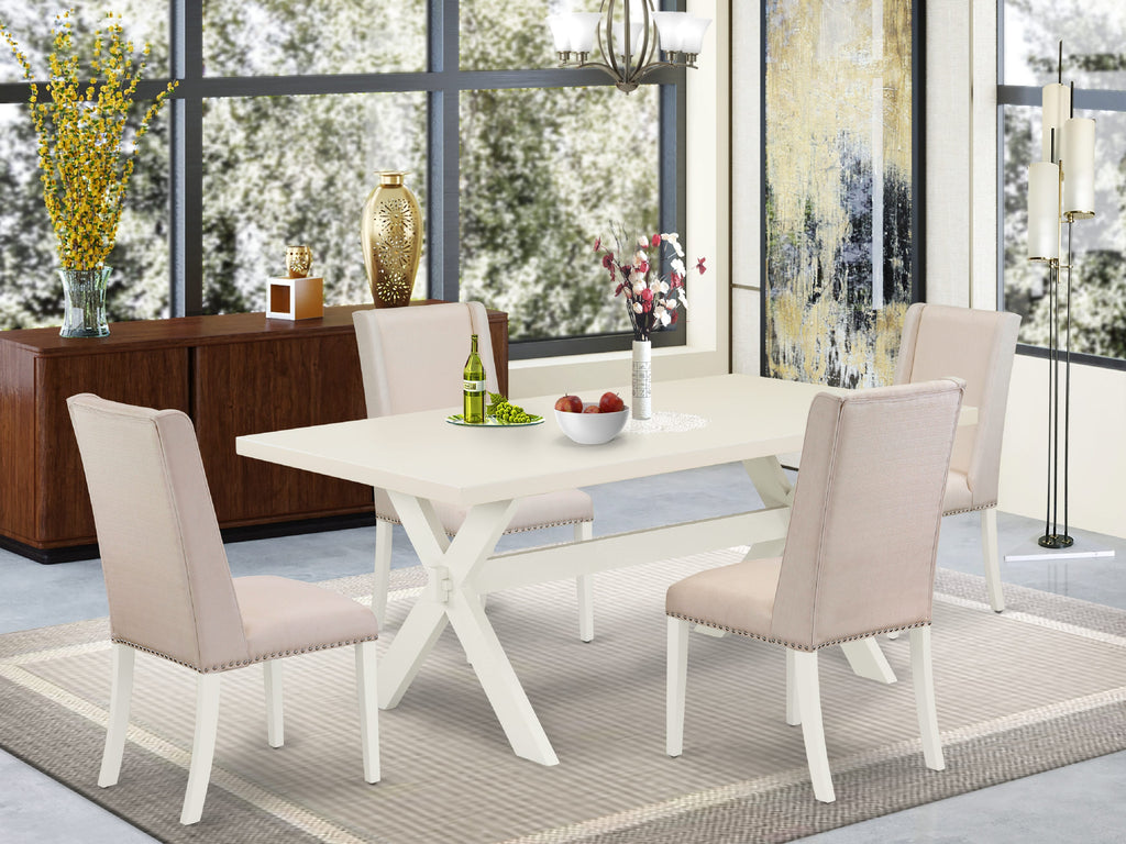 X027FJ8V3-K 5-Piece Dining Ensemble with Rectangular Table & Cream Upholstered Seating, Multi-Tone 40x72