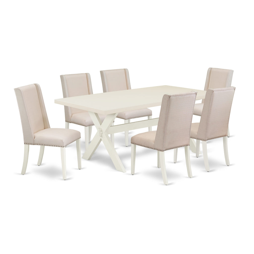 X027FE12W-4 7-Piece Dining Collection Modern Table & Comfort Chairs in Elegant Cream Upholstery, 72x40