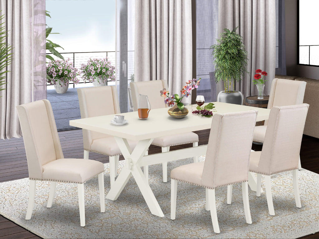 X027FE12W-4 7-Piece Dining Collection Modern Table & Comfort Chairs in Elegant Cream Upholstery, 72x40