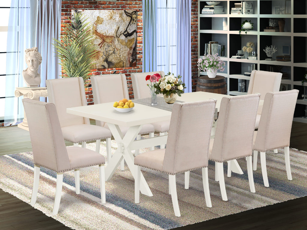 X027F1QBL-V 9-Piece Dining Table Ensemble Rectangular Table with X-Legs & 8 Cream Upholstered Parson Seats