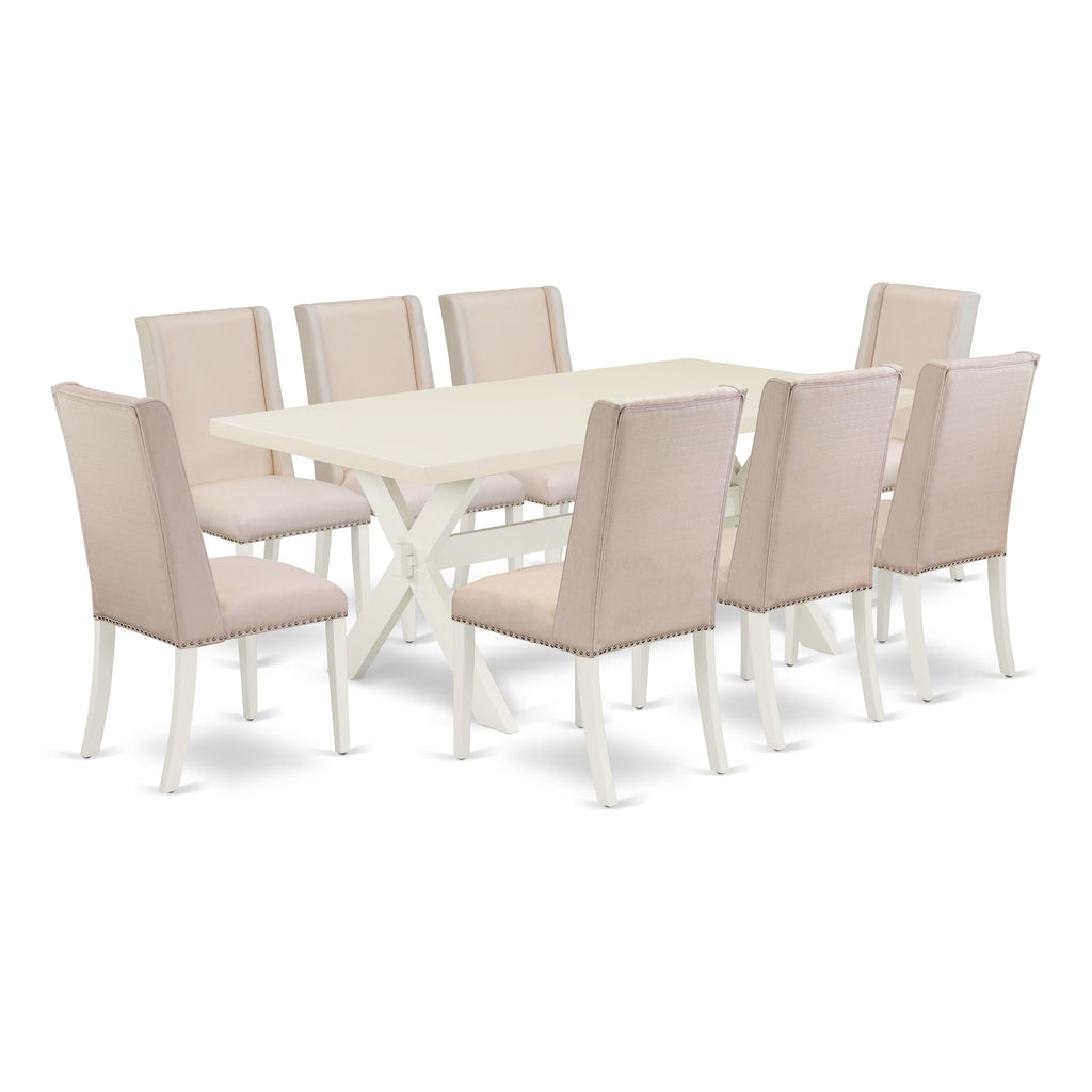 X027F1QBL-V 9-Piece Dining Table Ensemble Rectangular Table with X-Legs & 8 Cream Upholstered Parson Seats