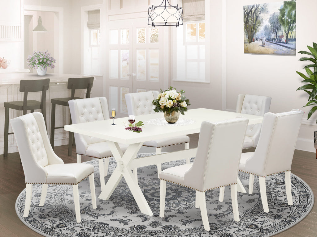 X027F42RQ-X 7-Piece Dining Set Includes Rectangle Table with X-Legs and 6 Faux Leather Chairs, Multi-Color