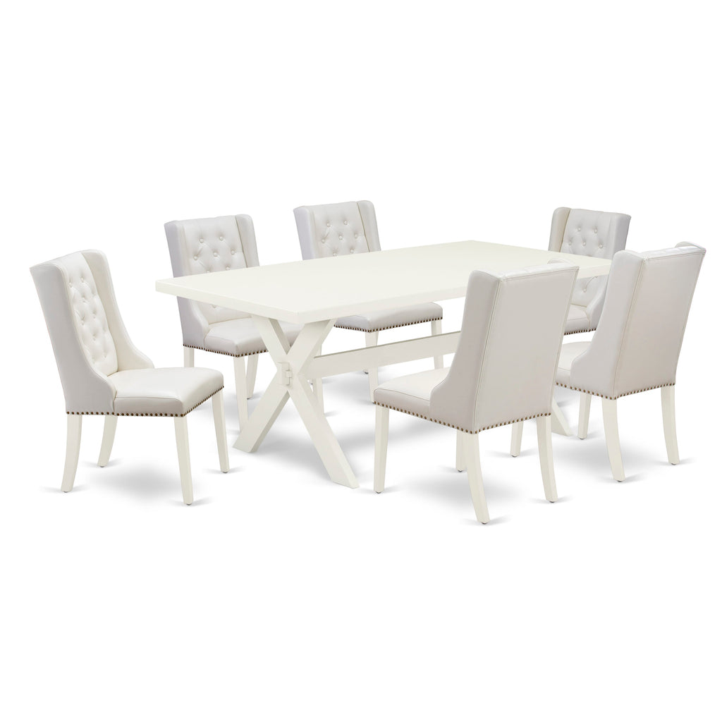 X027F42RQ-X 7-Piece Dining Set Includes Rectangle Table with X-Legs and 6 Faux Leather Chairs, Multi-Color