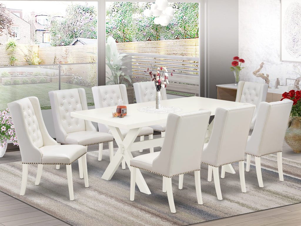 Elegant X027FUI4S-B 9-Piece Dining Set with X-Base Table and 8 Faux Leather Seats in Gray, 40x72