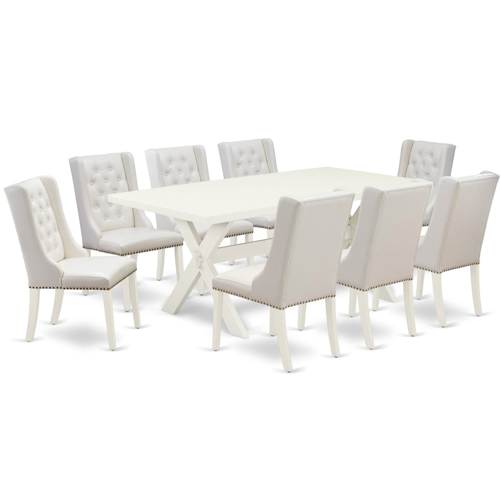 Elegant X027FUI4S-B 9-Piece Dining Set with X-Base Table and 8 Faux Leather Seats in Gray, 40x72