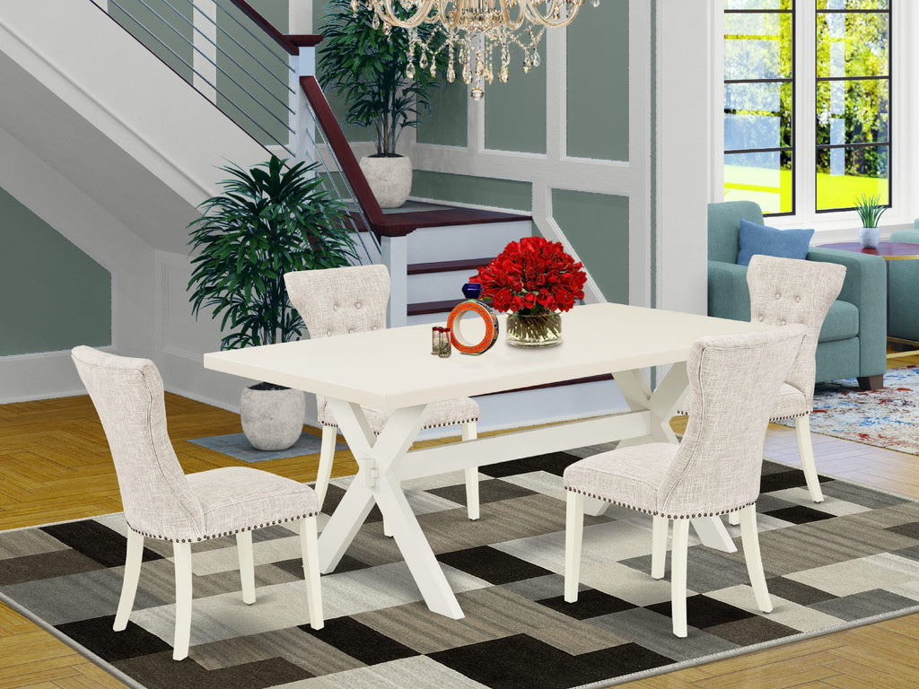 X027GK2YY-P 5-Piece Dining Ensemble Rectangular Table with X-Legs & 4 Doeskin Linen Chairs