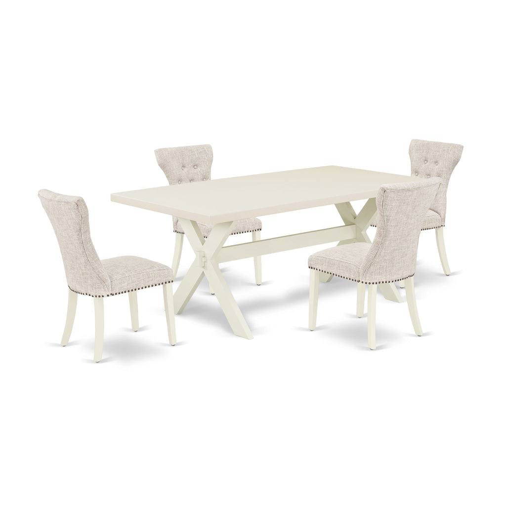 X027GK2YY-P 5-Piece Dining Ensemble Rectangular Table with X-Legs & 4 Doeskin Linen Chairs