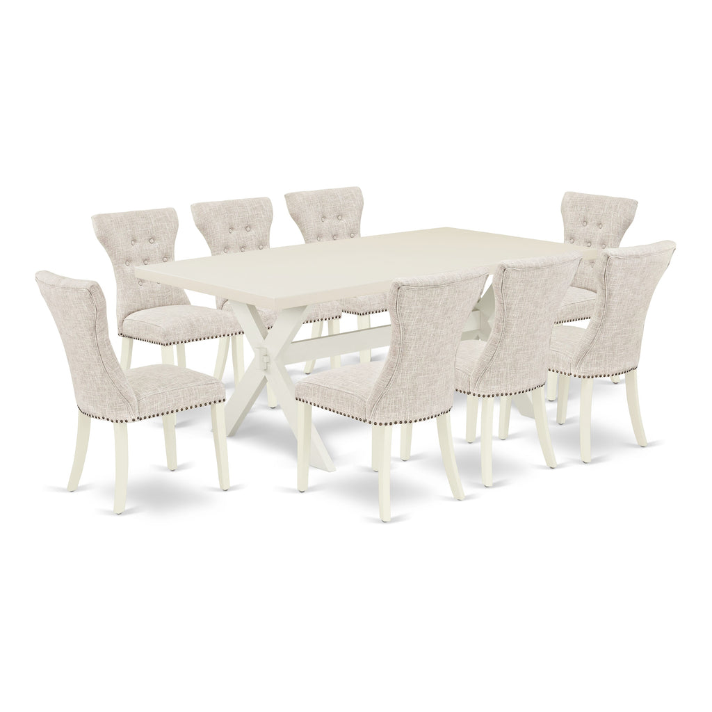 X027GN9OG-Z 9-Piece Rectangular Dining Set with X-Leg Table & 8 Linen Chairs, Multi-Color