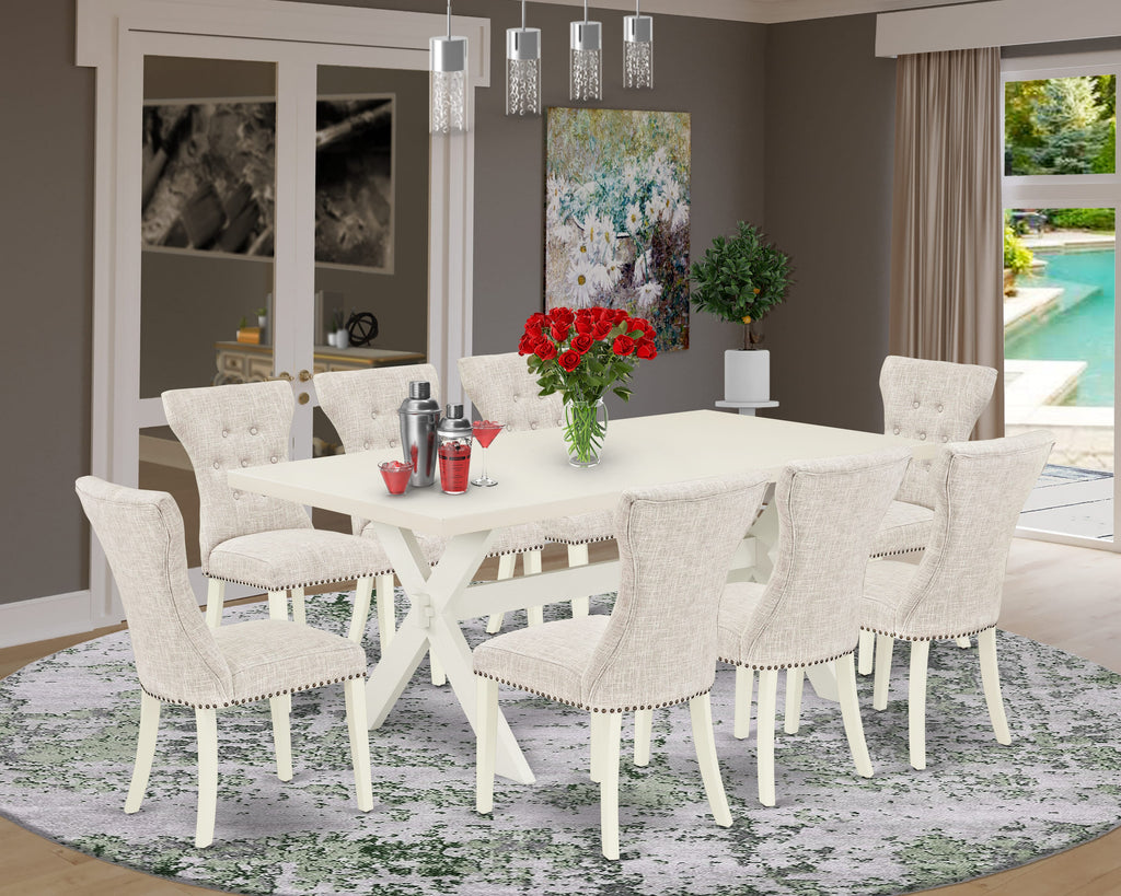 X027GN9OG-Z 9-Piece Rectangular Dining Set with X-Leg Table & 8 Linen Chairs, Multi-Color