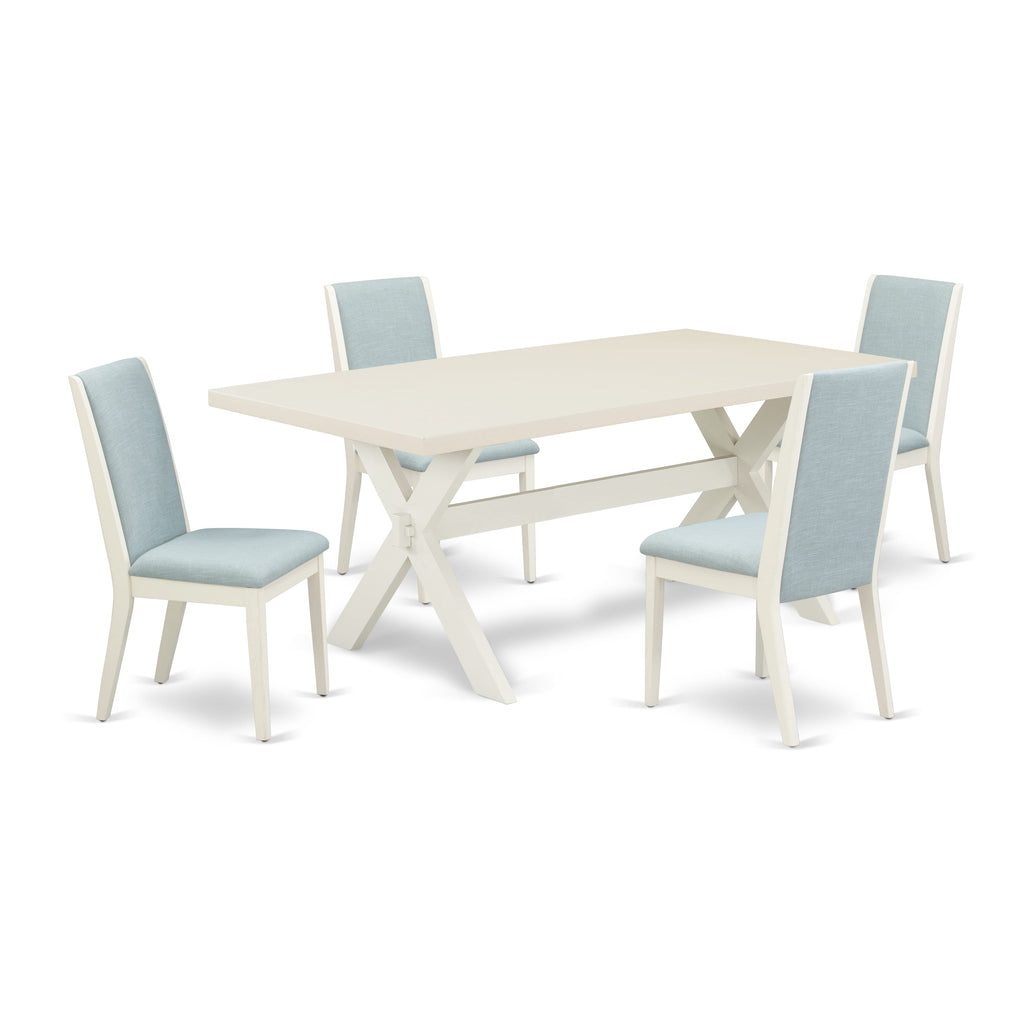 X027L8MZM-J 5-Piece Rectangle Table Set with X-Leg Design and 4 Upholstered Baby Blue Linen Seating, 40x72 Multi-Colored Dining Experience