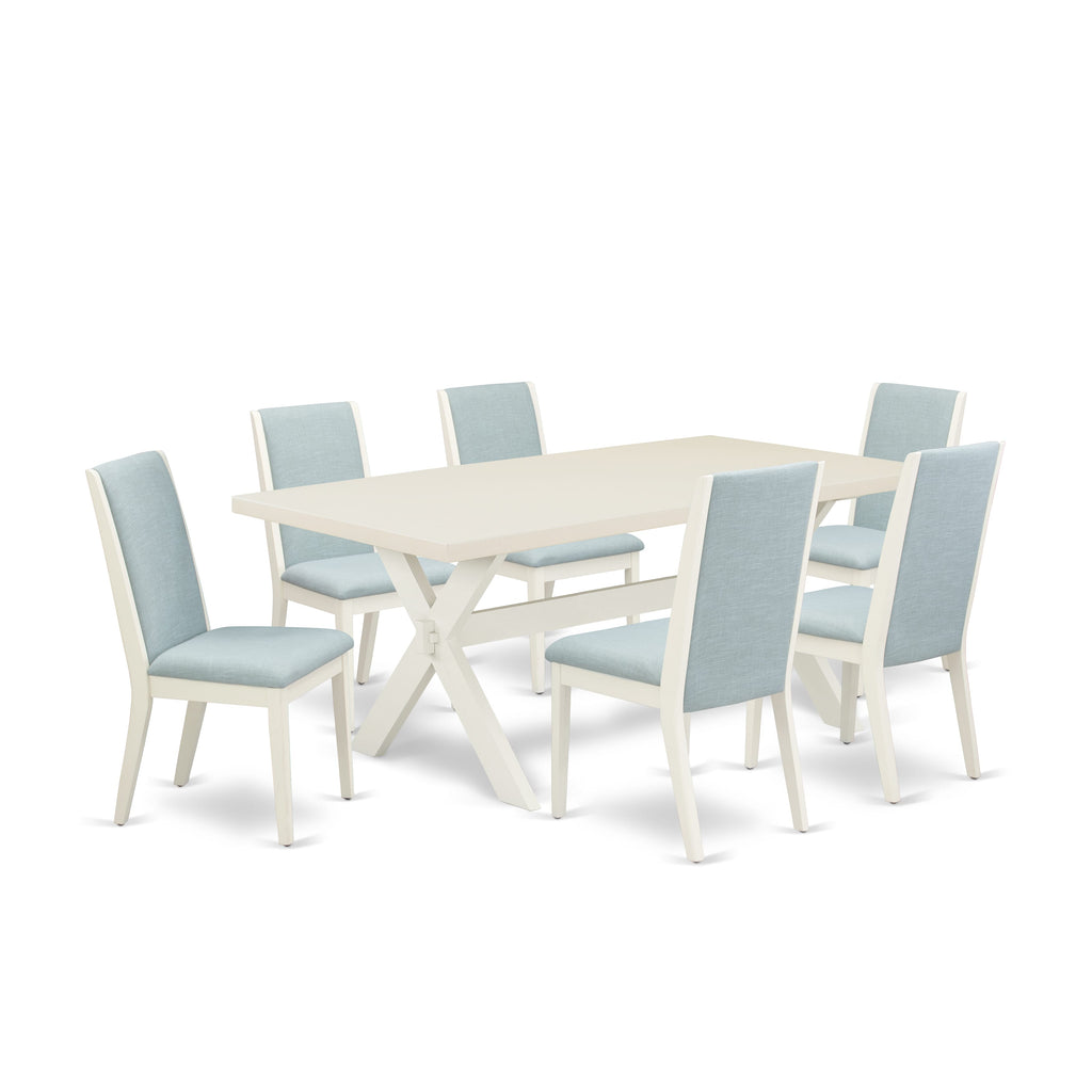 X027L05WV-X 7-Piece Dining Ensemble with Rectangular Table and X-Legs, Baby Blue Chairs