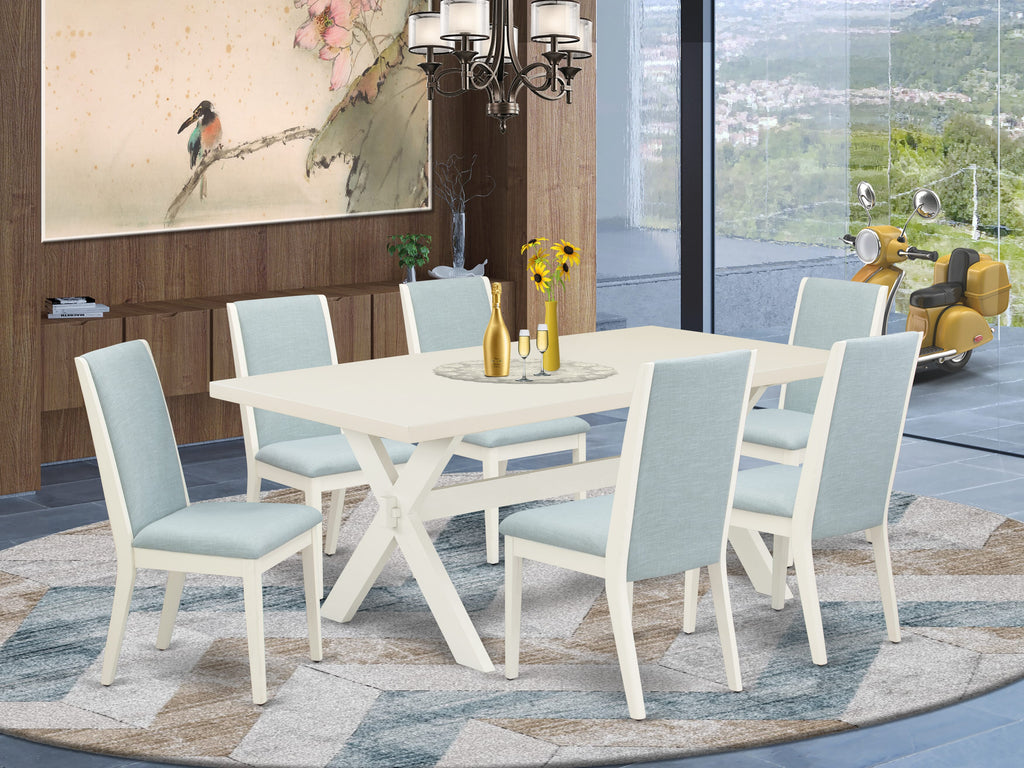 X027L05WV-X 7-Piece Dining Ensemble with Rectangular Table and X-Legs, Baby Blue Chairs
