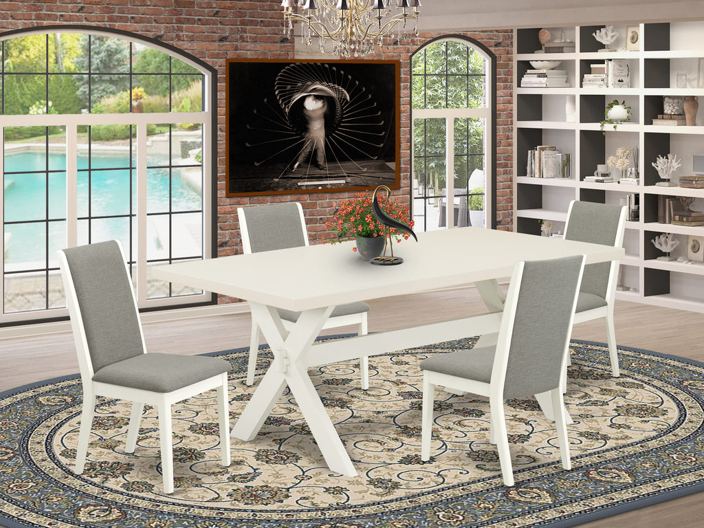 X027LMDYB-8 Stylish 5-Piece Dining Set Rectangular Table with X-Leg Design and 4 Shitake Linen Fabric Chairs