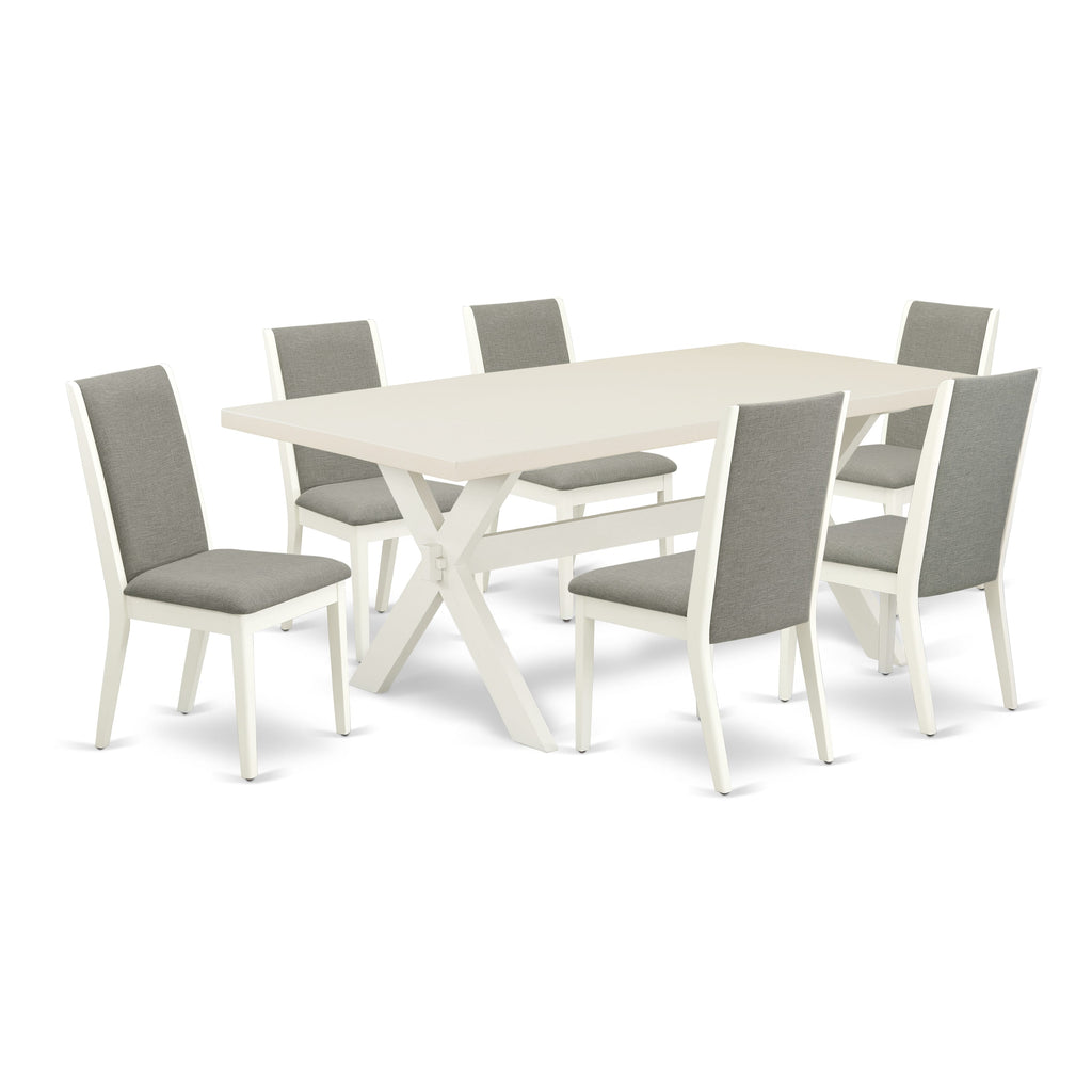 X027LP8KF-5 7-Piece Dining Collection Rectangular Table and 6 Upholstered Chairs Set with Cross-Leg Design