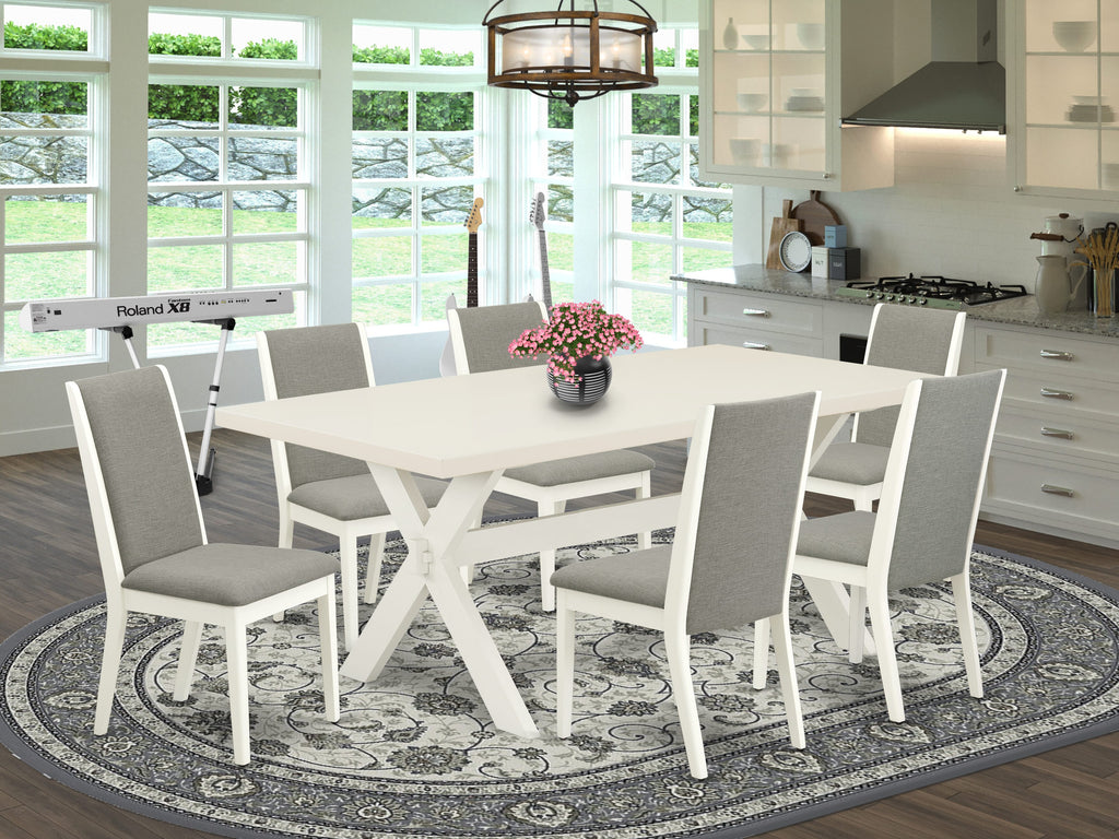 X027LP8KF-5 7-Piece Dining Collection Rectangular Table and 6 Upholstered Chairs Set with Cross-Leg Design
