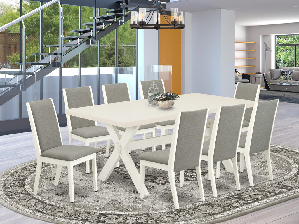 Versatile 9-Piece Dining Set X027L8VRM-W with Sturdy X-Leg Table and 8 Shitake Linen Chairs