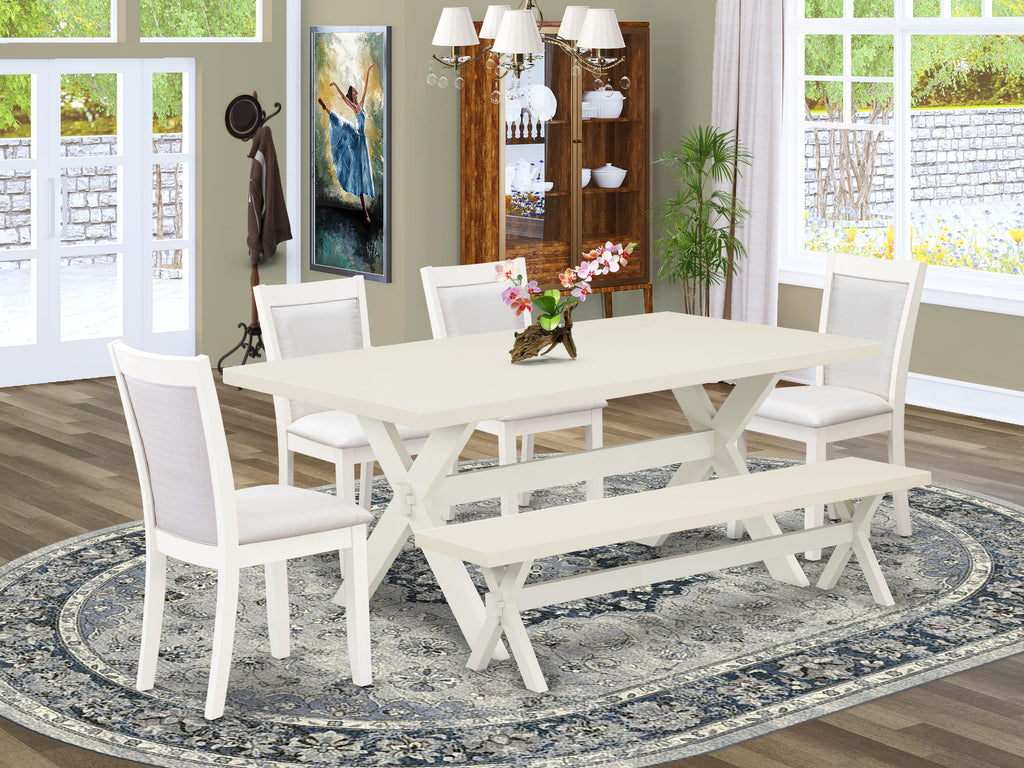 X027MJL6D-7 Versatile 6-Piece Dining Ensemble with X-Leg Table, Plush Cream Chairs, and Coordinated Bench