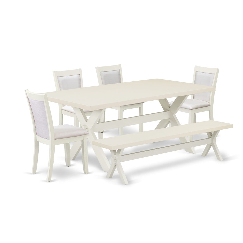 X027MJL6D-7 Versatile 6-Piece Dining Ensemble with X-Leg Table, Plush Cream Chairs, and Coordinated Bench