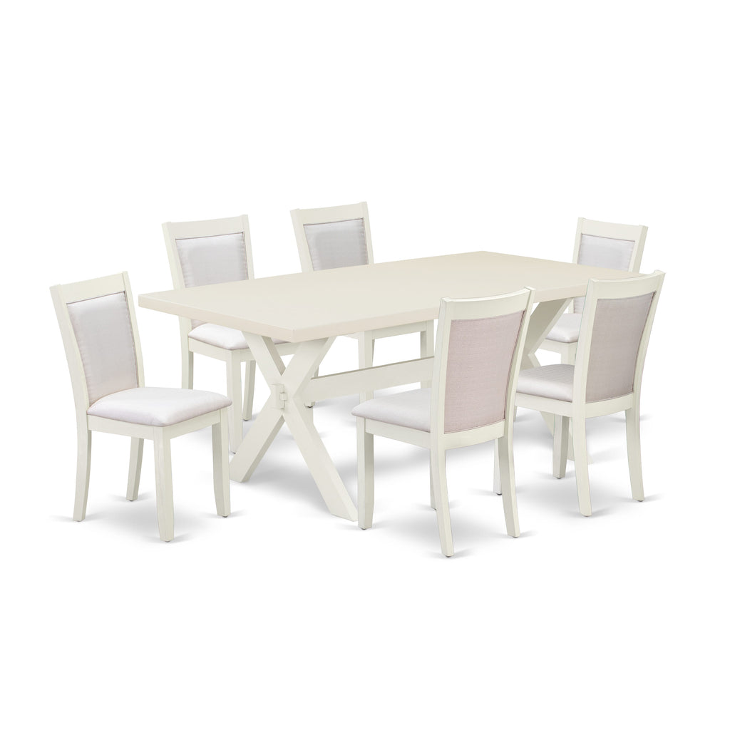 X027M32QX-X 7-Piece Dining Set Rectangle Table with X-Legs & 6 Cream Parson Chairs, Multicolor