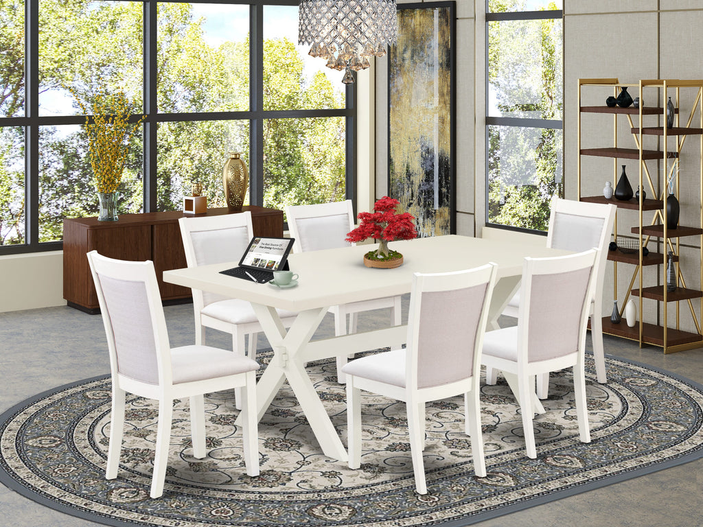 X027M32QX-X 7-Piece Dining Set Rectangle Table with X-Legs & 6 Cream Parson Chairs, Multicolor