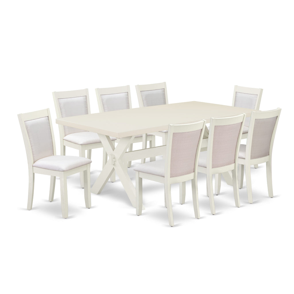 X027MN922-5 9-Piece Rectangle Dining Set with X-Leg Table and Cream Upholstered Chairs, Multi-Color, 40x72