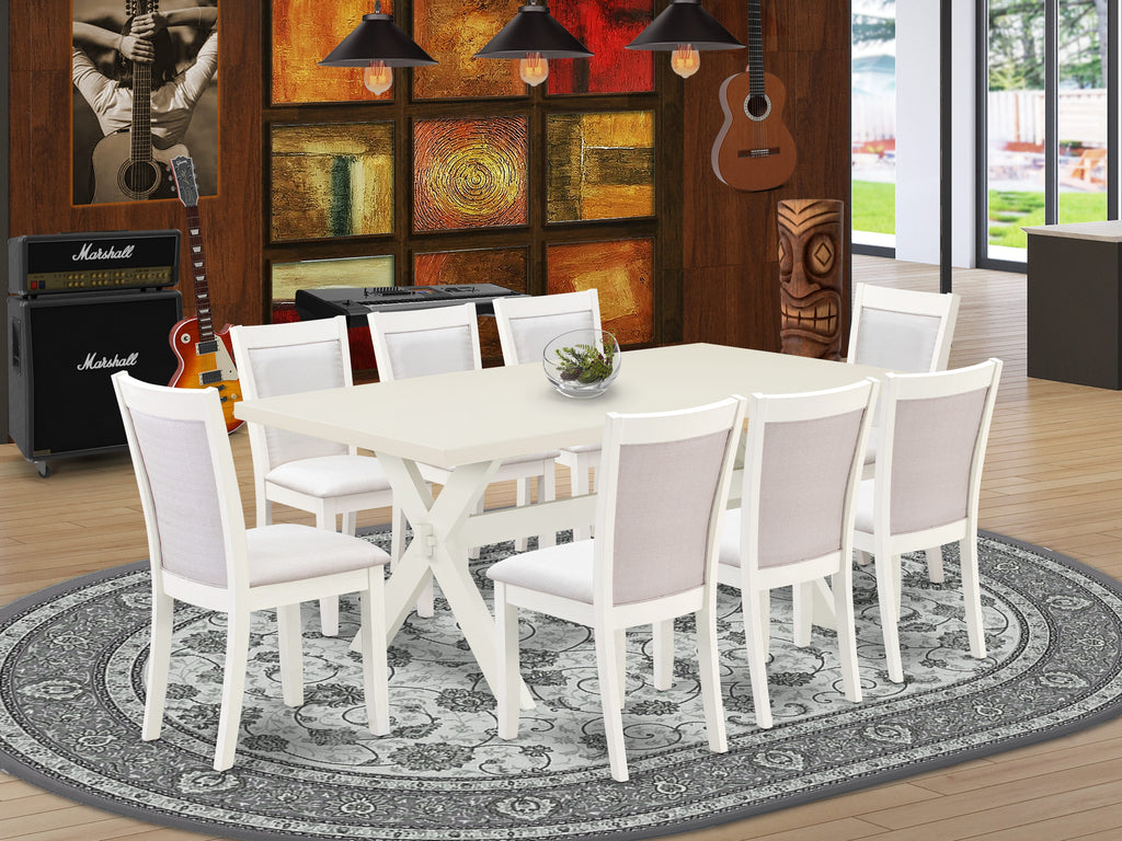 X027MN922-5 9-Piece Rectangle Dining Set with X-Leg Table and Cream Upholstered Chairs, Multi-Color, 40x72