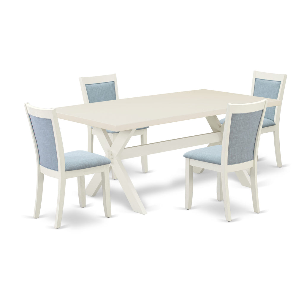 X027M4SLW-B 5 Piece Dining Set Rectangular Table with X-Legs & 4 Parson Chairs in Baby Blue Linen, 40x72
