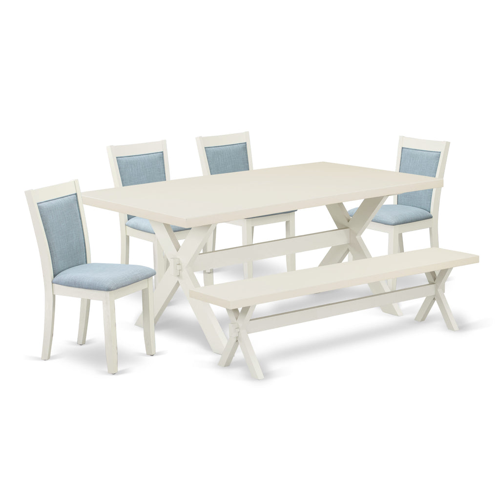 X027MFY8G-E 6-Piece Dining Set with X-Leg Table, Baby Blue Linen Chairs, and Bench 40x72 Inches, Multi-Color