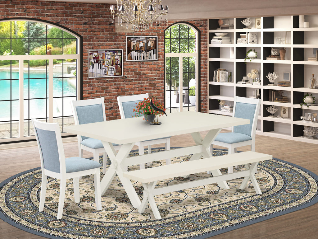 X027MFY8G-E 6-Piece Dining Set with X-Leg Table, Baby Blue Linen Chairs, and Bench 40x72 Inches, Multi-Color