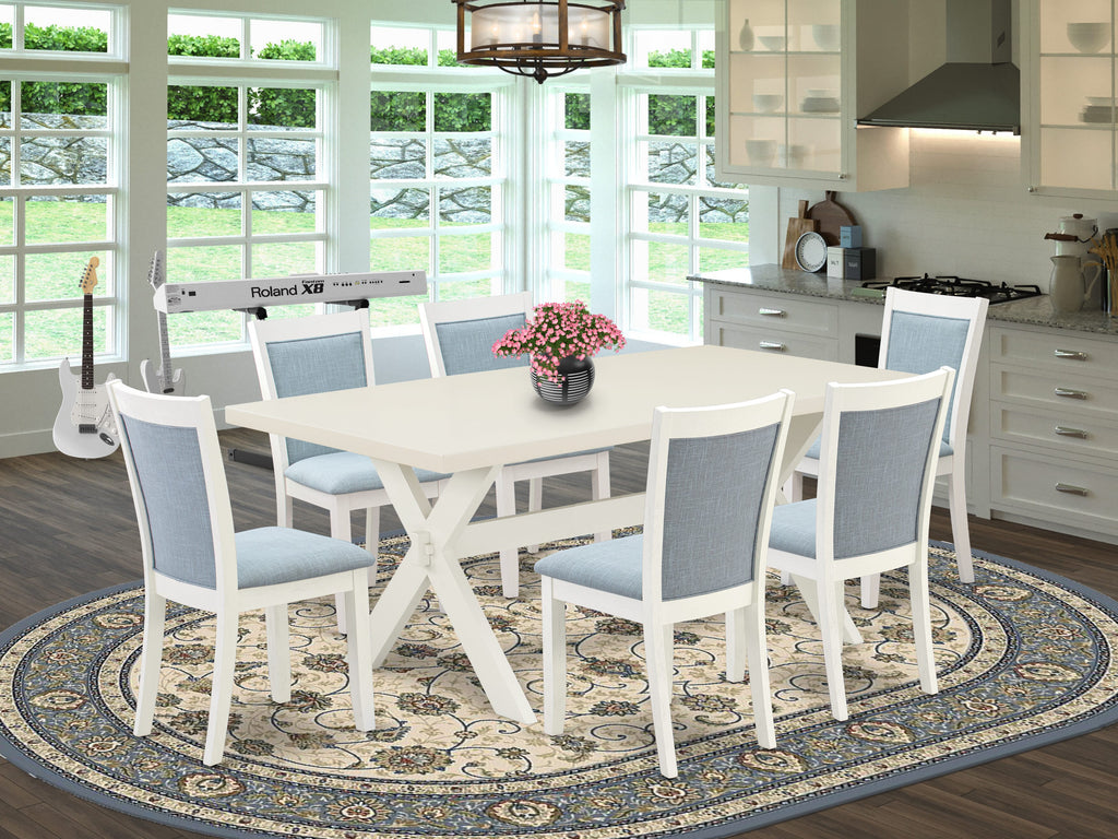 Dining Ensemble X027MIFBD-Q Rectangle Table with X-Base & 6 Blue Linen Upholstered Chairs Set