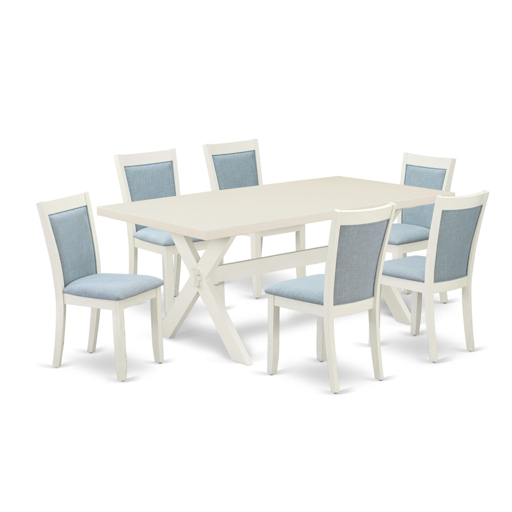 Dining Ensemble X027MIFBD-Q Rectangle Table with X-Base & 6 Blue Linen Upholstered Chairs Set