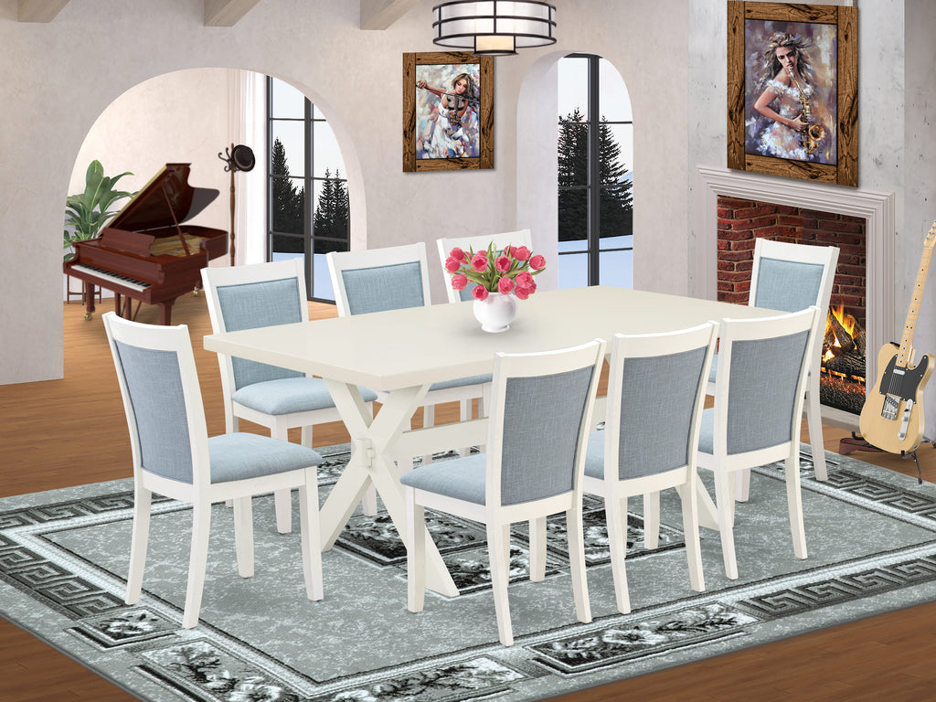 9-Piece Rectangle Table Set X027M9SHP-B with X-Legs & 8 Linen Chairs, 72 Multi-Color