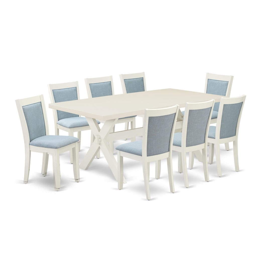 9-Piece Rectangle Table Set X027M9SHP-B with X-Legs & 8 Linen Chairs, 72 Multi-Color