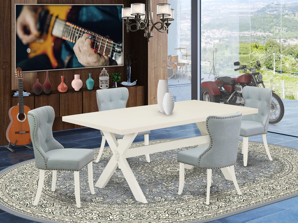 X027SJWVC-K 5-Piece Dining Set with Rectangular X-Leg Table and 4 Linen Chairs in Blue, 40x72 Multi-Color Experience