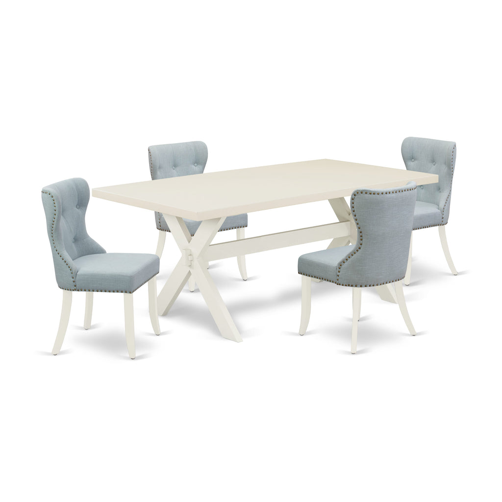 X027SJWVC-K 5-Piece Dining Set with Rectangular X-Leg Table and 4 Linen Chairs in Blue, 40x72 Multi-Color Experience