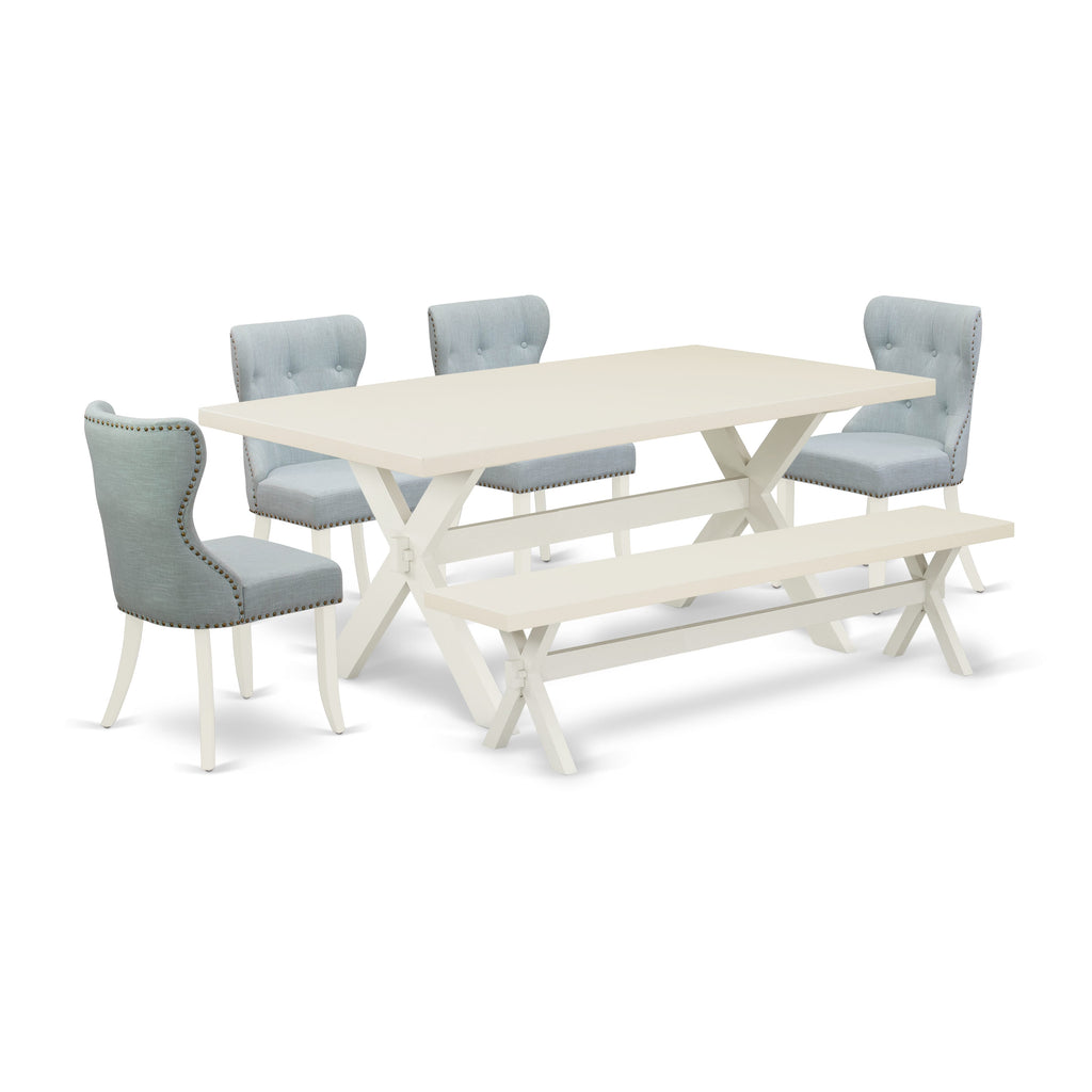 X027S8BE4-Z Divine 6-Piece Dining Set Rectangular Table with X-Legs, 4 Blue Linen Chairs & Bench