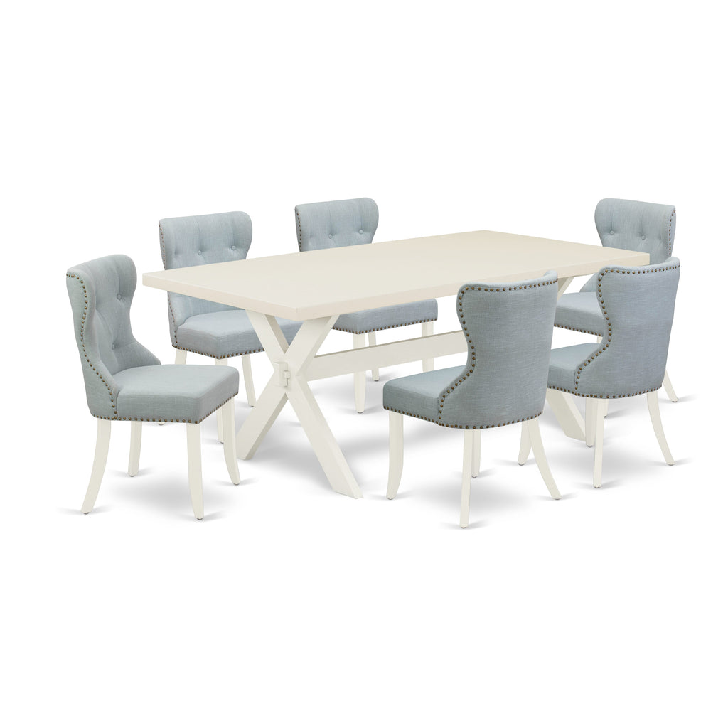 X027S3YDM-3 Elegant 7-Piece Dining Ensemble Rectangular Table with X-Legs & Six Baby Blue Upholstered Chairs