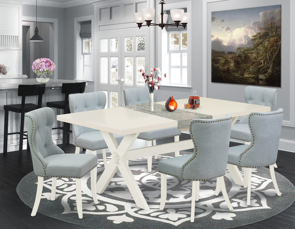 X027S3YDM-3 Elegant 7-Piece Dining Ensemble Rectangular Table with X-Legs & Six Baby Blue Upholstered Chairs