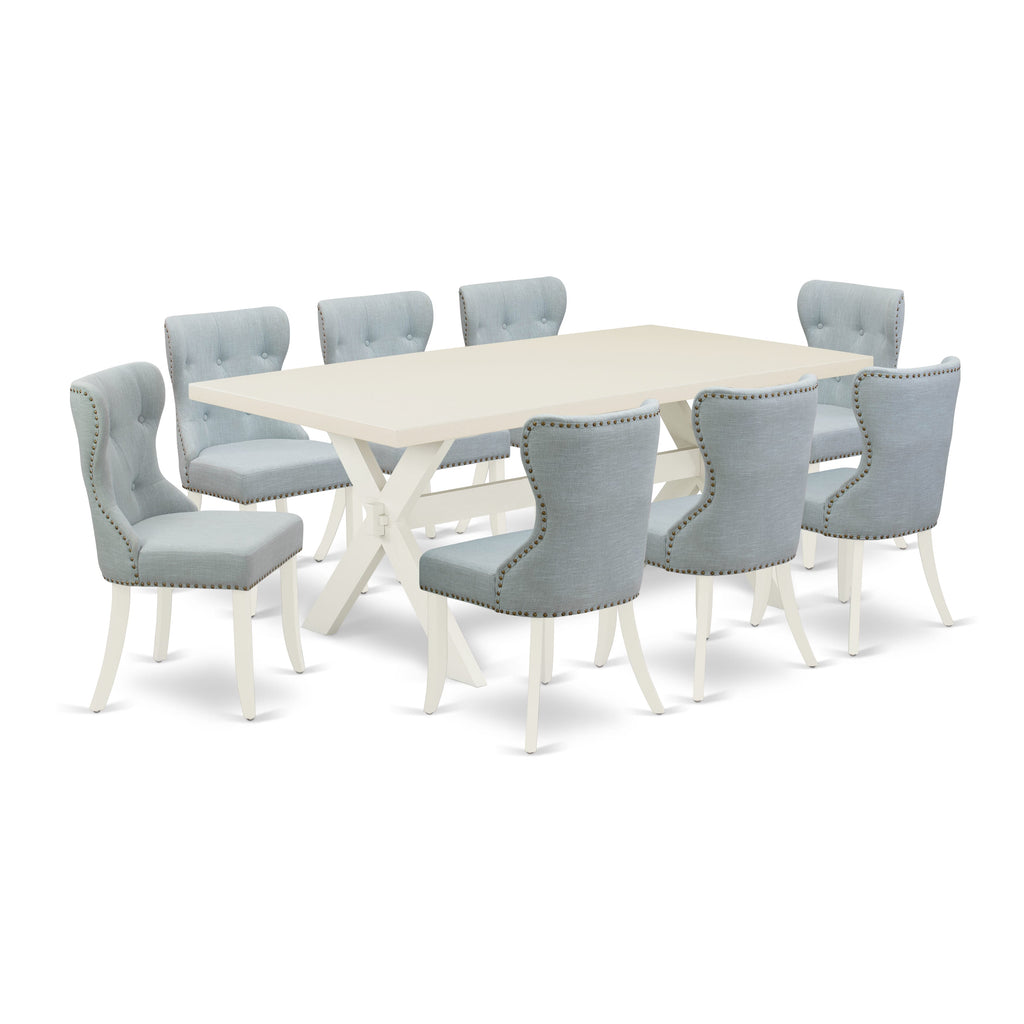 X027S8R67-X Stylish 9-Piece Dining Ensemble, Featuring a Rectangular Table with Sturdy X-Legs & 8 Comfortable Baby Blue Chairs