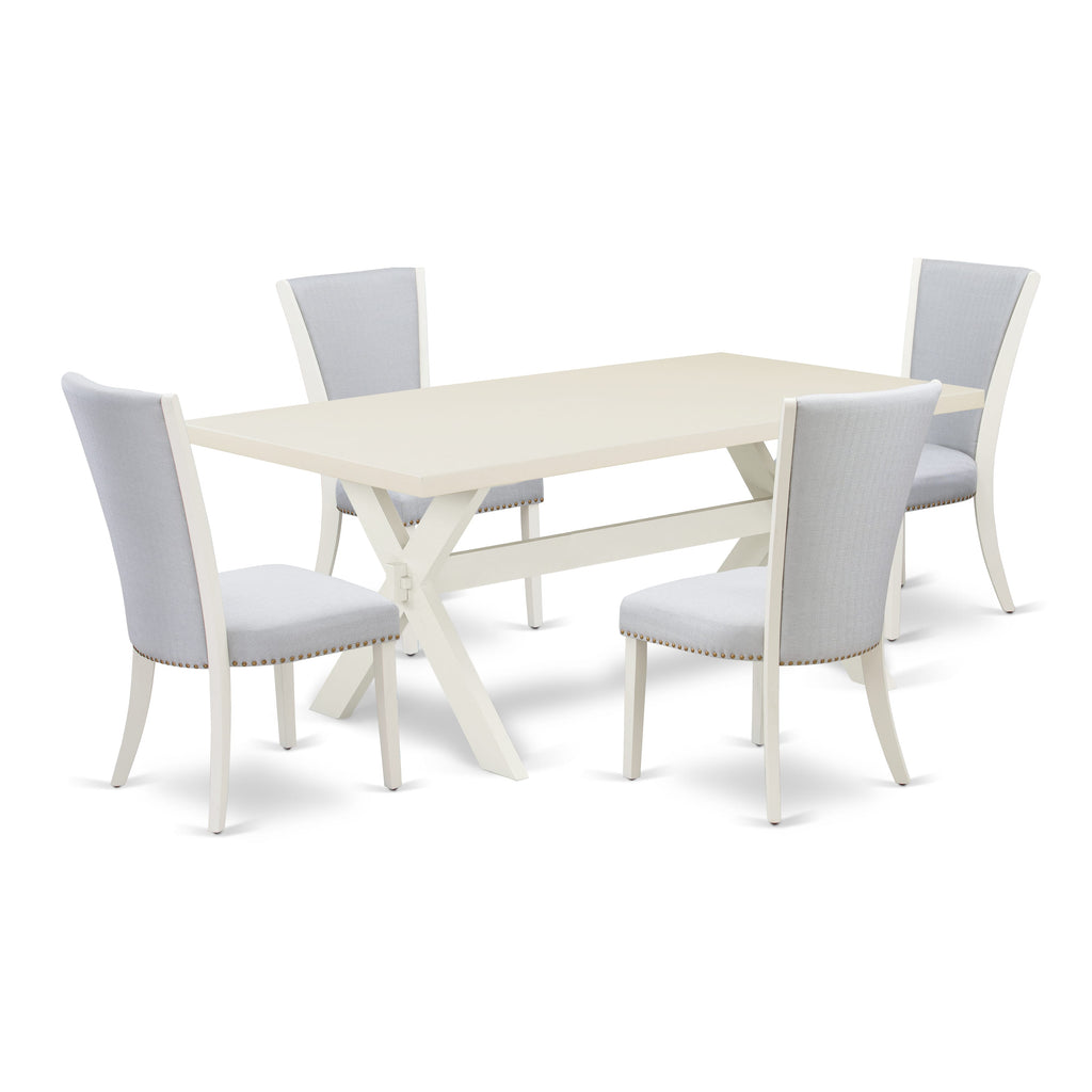 X027VDR52-D 5 Piece Dining Ensemble with Rectangular Table, X-Legs & Grey Parsons Chairs, 40x72 In, Multi-Color