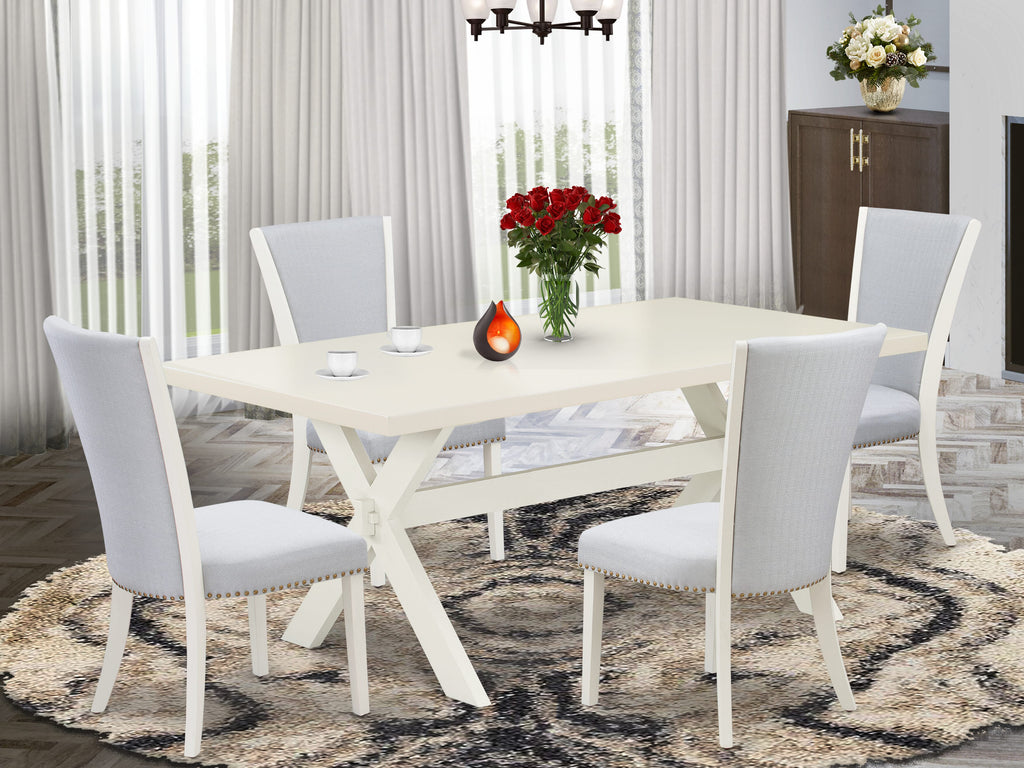 X027VDR52-D 5 Piece Dining Ensemble with Rectangular Table, X-Legs & Grey Parsons Chairs, 40x72 In, Multi-Color