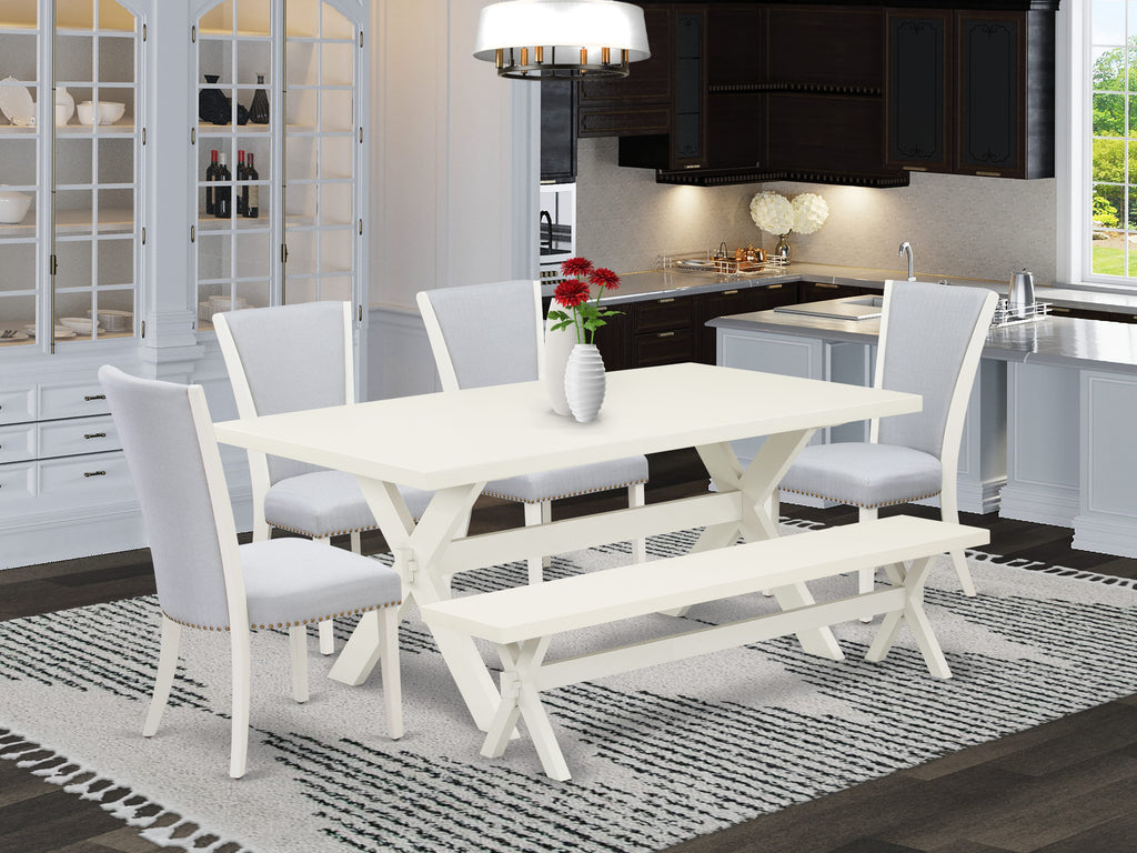 X027VK3NG-V 6 Piece Dining Set Includes Rectangular Wood Table, 4 Grey Upholstered Parson Chairs & Bench, 40x72