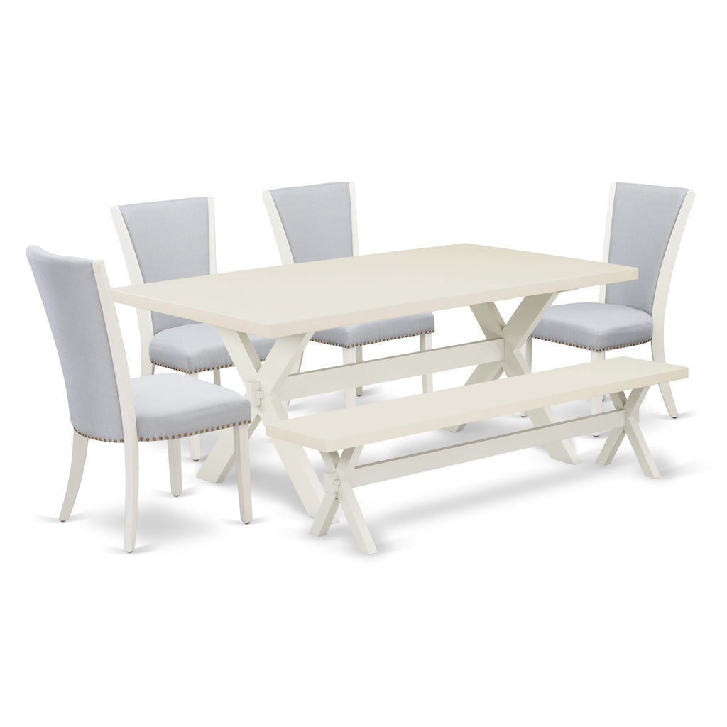 X027VK3NG-V 6 Piece Dining Set Includes Rectangular Wood Table, 4 Grey Upholstered Parson Chairs & Bench, 40x72