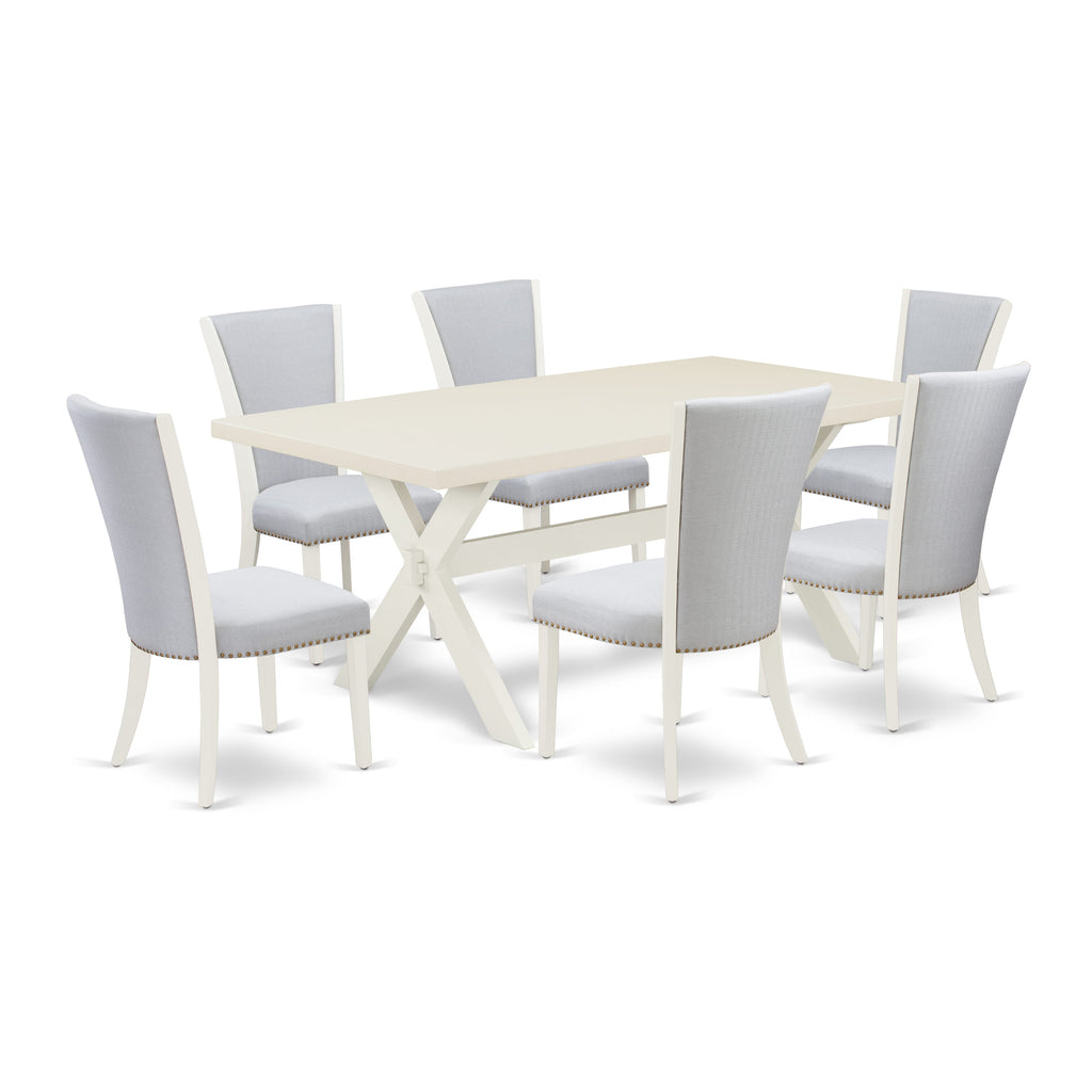 X027VZPUN-X Stylish Dining Ensemble 7-Piece Rectangle Table with X-Legs & Upholstered Chairs, Multicolor