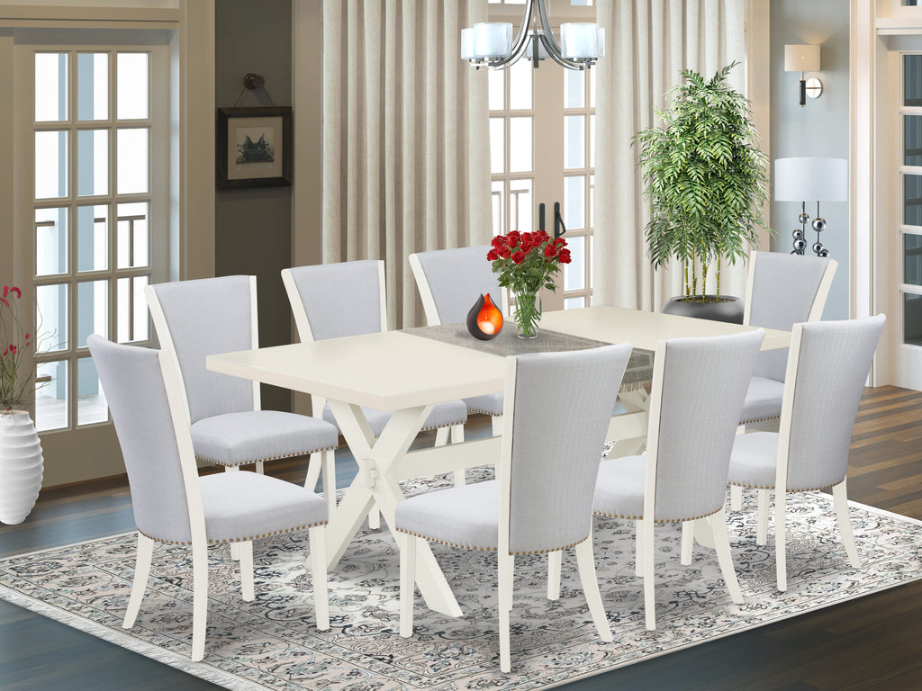 X027VI2GQ-N - Multi-Color 9-Piece Dining Set with Rectangular X-Leg Table and 8 Fabric Chairs, 40x72