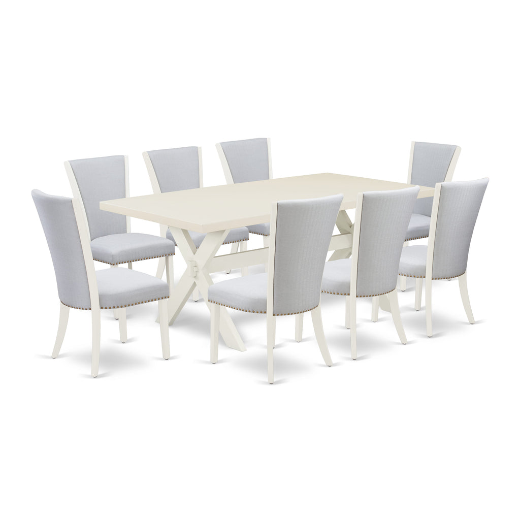 X027VI2GQ-N - Multi-Color 9-Piece Dining Set with Rectangular X-Leg Table and 8 Fabric Chairs, 40x72