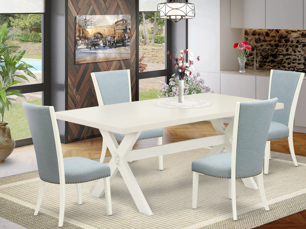 X027V3WLM-P 5pc Rectangle Dining Ensemble with X-Legs & 4 Baby Blue Linen Parsons Seats, Multi-Color, 40x72 Inch