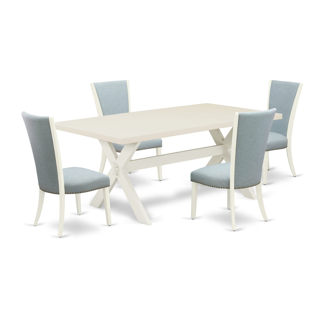X027V3WLM-P 5pc Rectangle Dining Ensemble with X-Legs & 4 Baby Blue Linen Parsons Seats, Multi-Color, 40x72 Inch