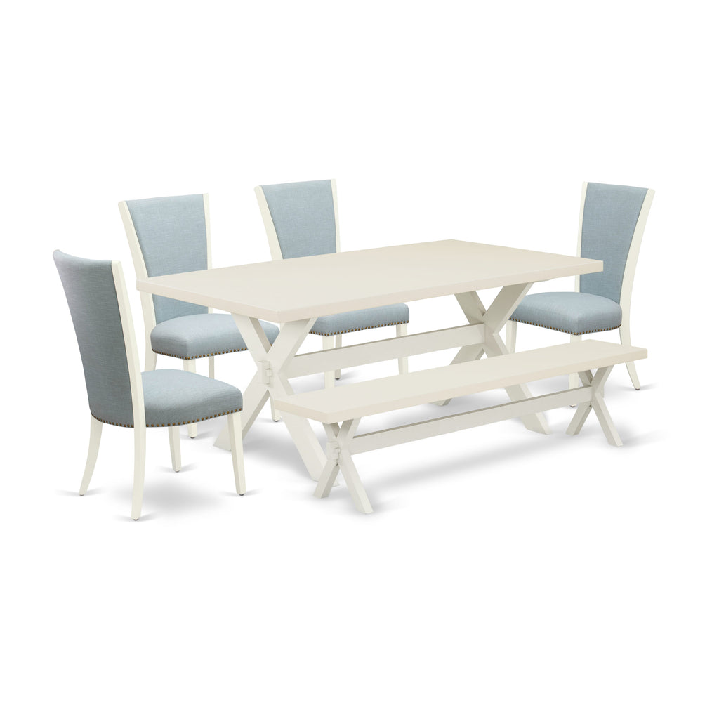 X027VSSYV-L Modern 6-Piece Dining Set with Rectangular Table, X-Legs, Baby Blue Parsons and Bench