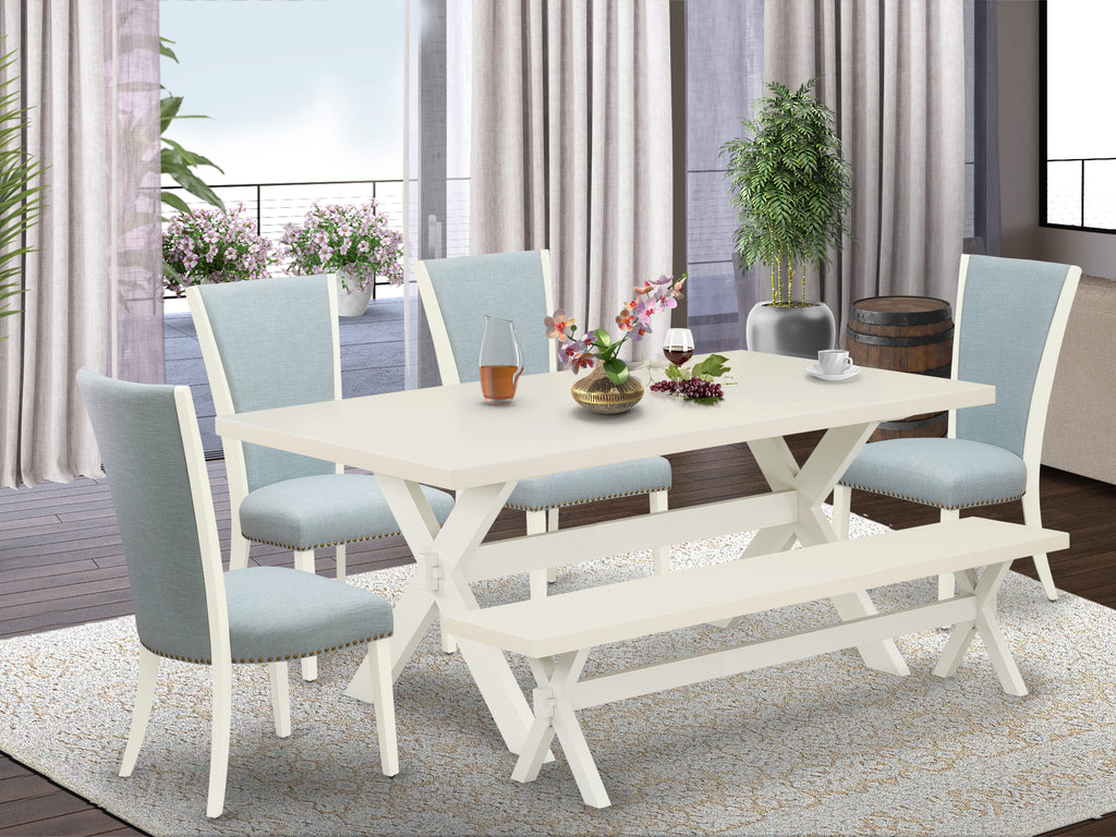 X027VSSYV-L Modern 6-Piece Dining Set with Rectangular Table, X-Legs, Baby Blue Parsons and Bench